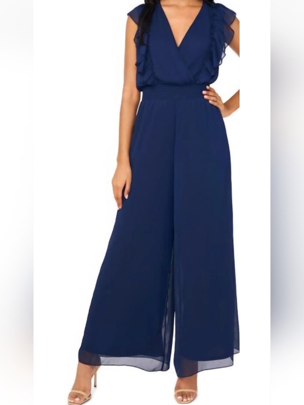 Halogen Navy Wide-Leg Jumpsuit Ruffled V-Neck Sz S Cocktail Formal Romantic Luxe